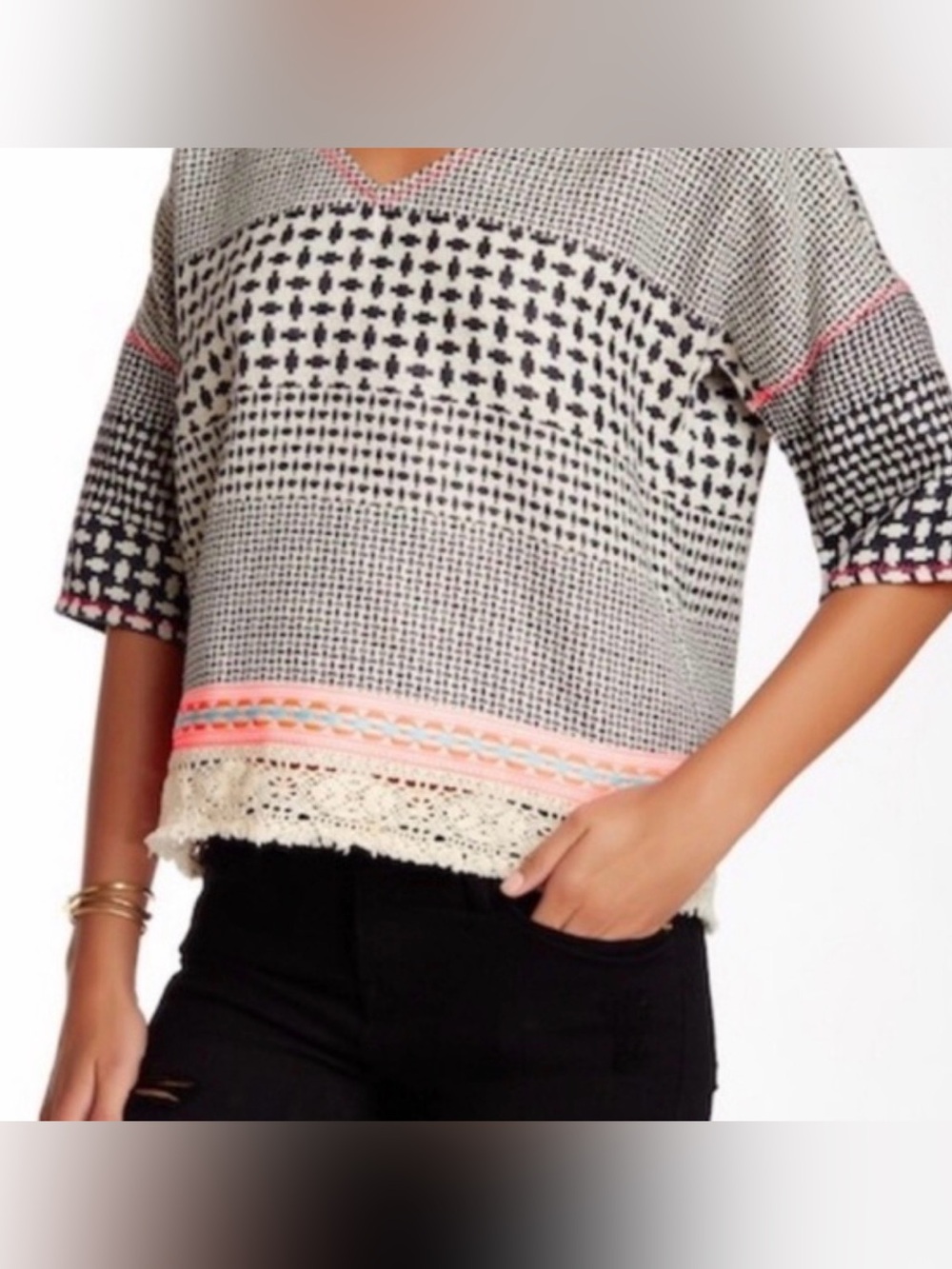 Gypsy 05 Short Sleeve Blue and White Cotton Blend Top  Small